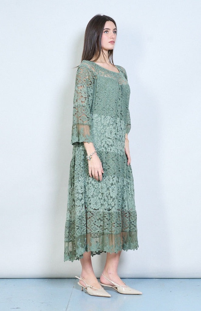 BZNA langes Plissee-Langarm-Midikleid aus Spitze Onesize - B Z N A