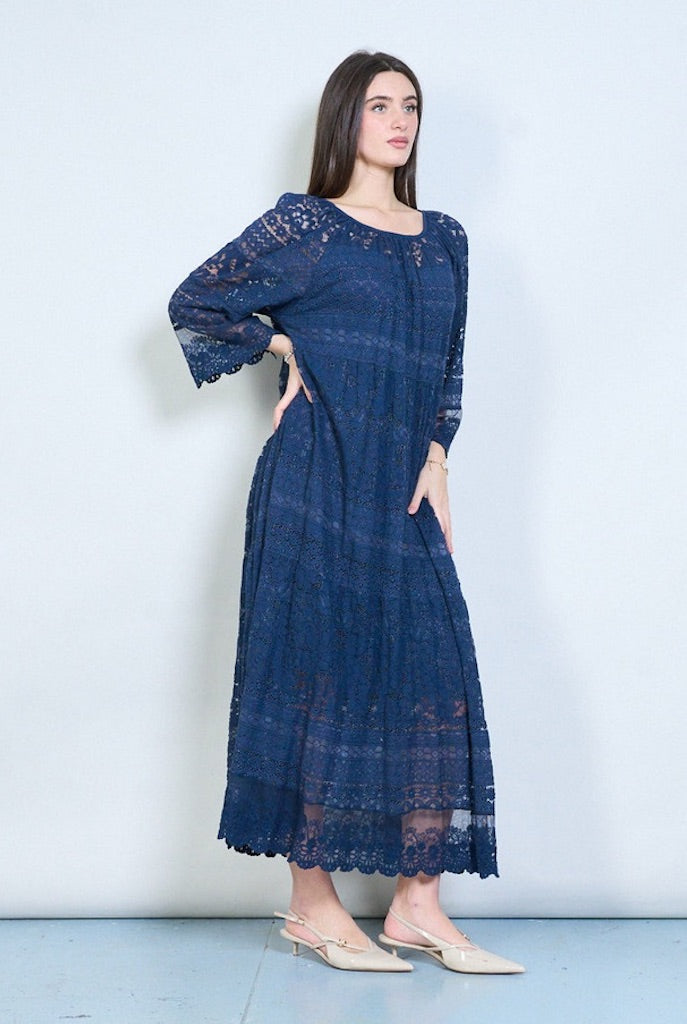 BZNA langes Plissee-Langarm-Midikleid aus Spitze Onesize - B Z N A