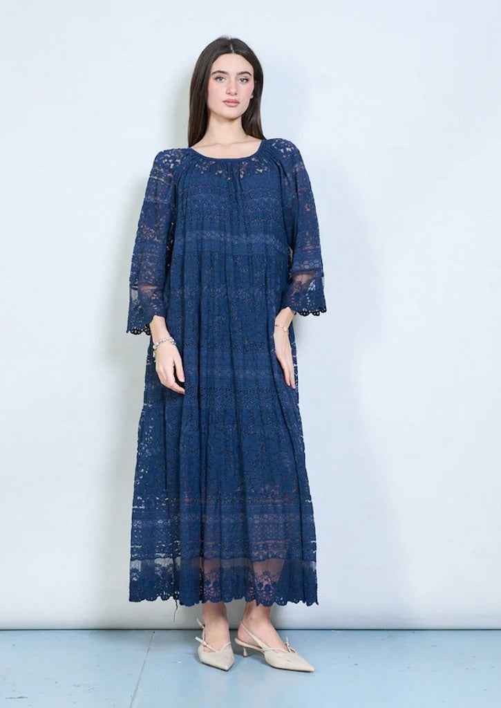 BZNA langes Plissee-Langarm-Midikleid aus Spitze Onesize