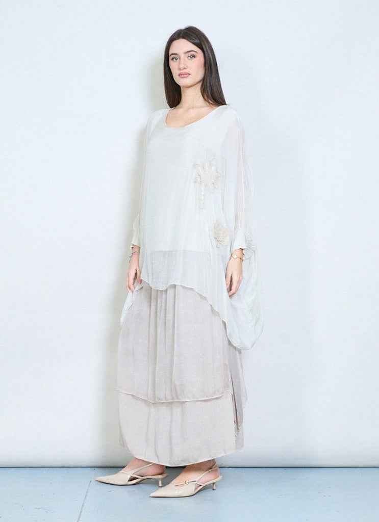 BZNA Bluse mit Seide Flow transparente Langarmbluse mit Blumenapplikation