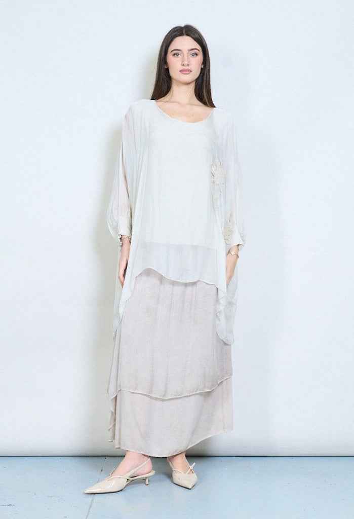 BZNA Bluse mit Seide Flow transparente Langarmbluse mit Blumenapplikation