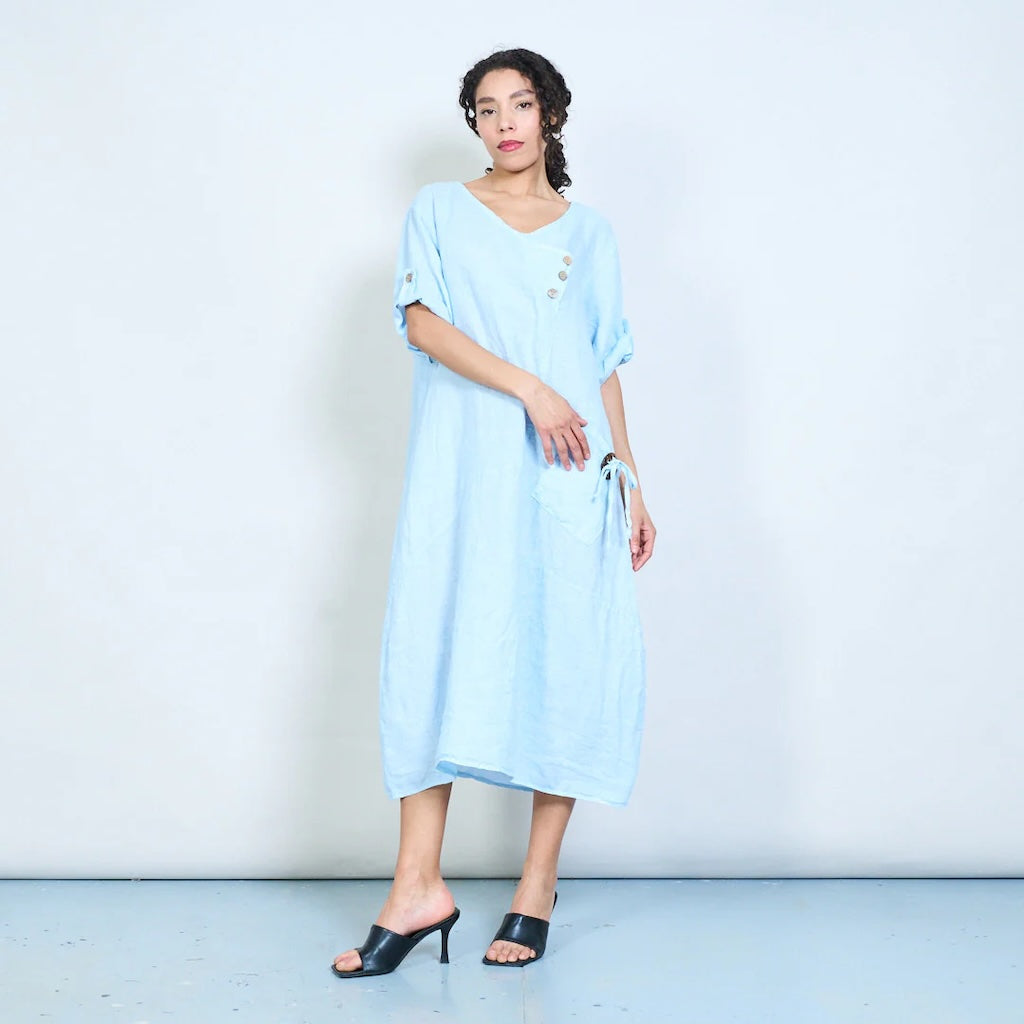 BZNA Sommerliches Leinen Midikleid mit seitlicher Schnürung und Knopfdetail oneSize: 34-42 - B Z N A