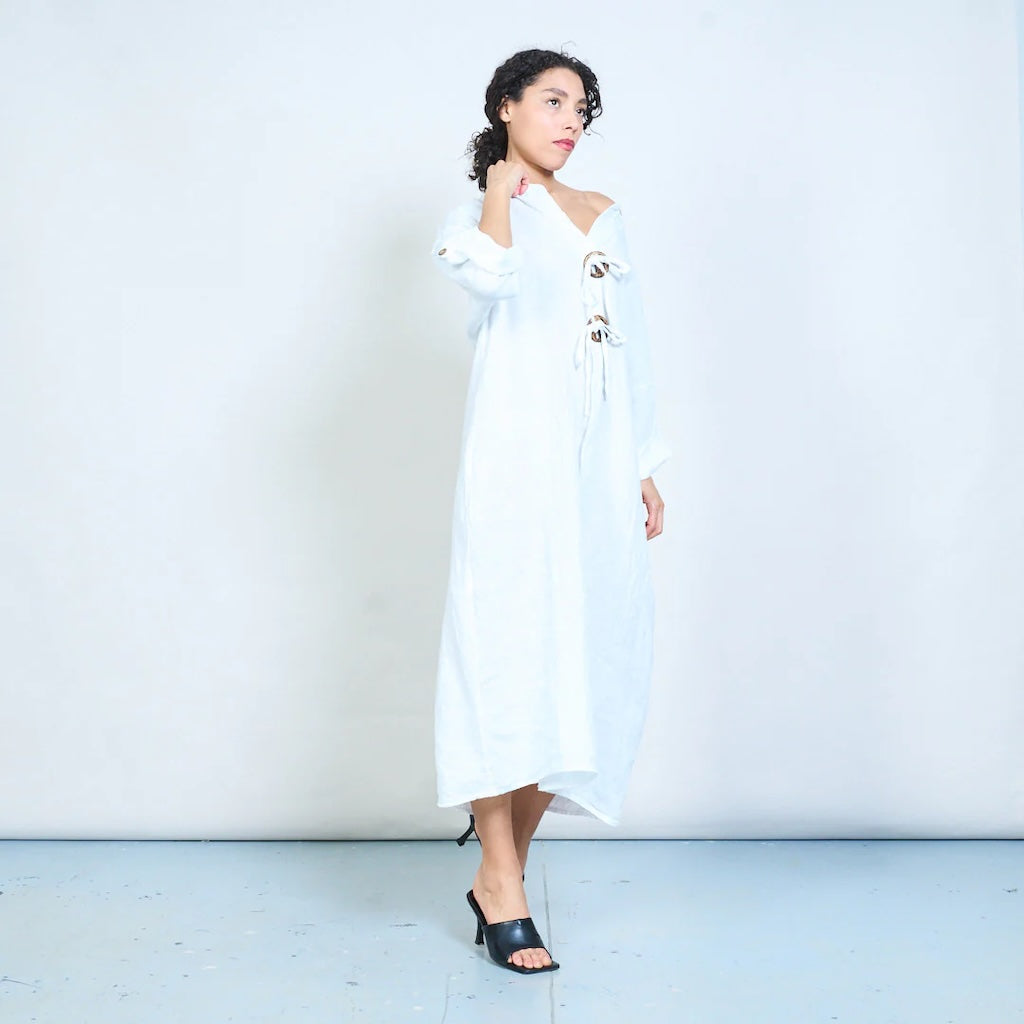 BZNA Maxikleid Lässiges Leinen Midikleid aus Leinen mit Schnürung oneSize 36-44 - B Z N A