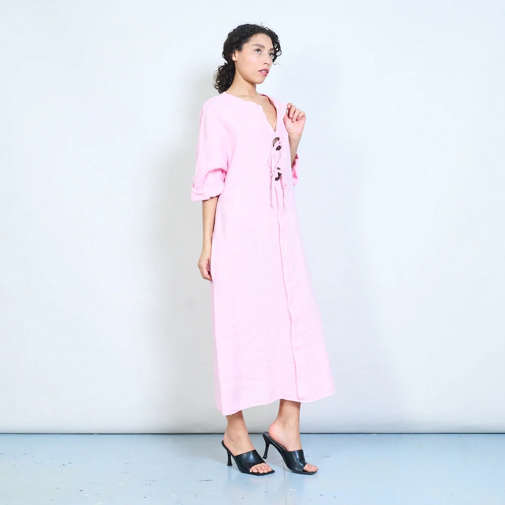 BZNA Maxikleid Lässiges Leinen Midikleid aus Leinen mit Schnürung oneSize 36-44 - B Z N A