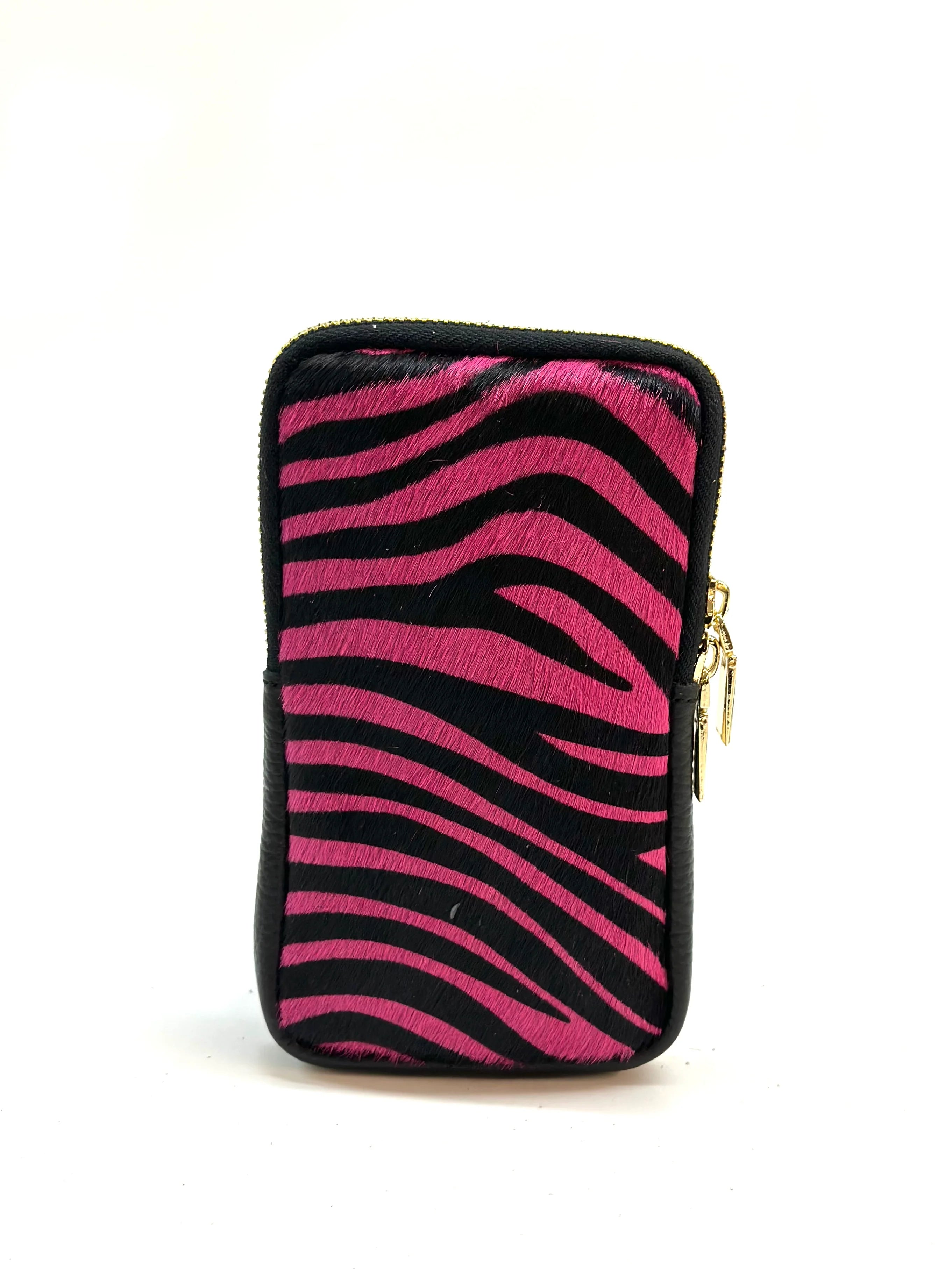 BZNA Bag Mobile Zebra Fuxia Handy Umhängetasche aus Leder Felltasche mit Reißverschluss - B Z N A
