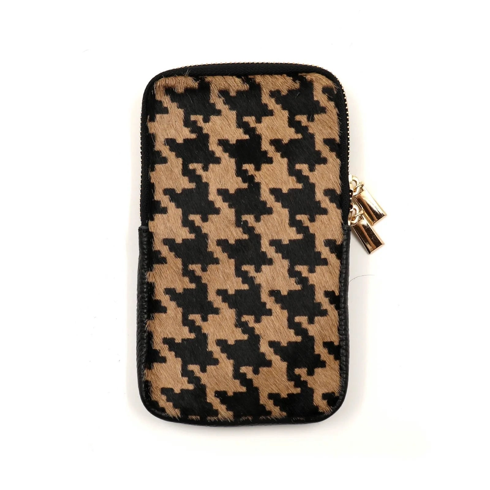 BZNA Bag Mobile Pepita taupe Handy Umhängetasche aus Leder Felltasche mit Reißverschluss - B Z N A