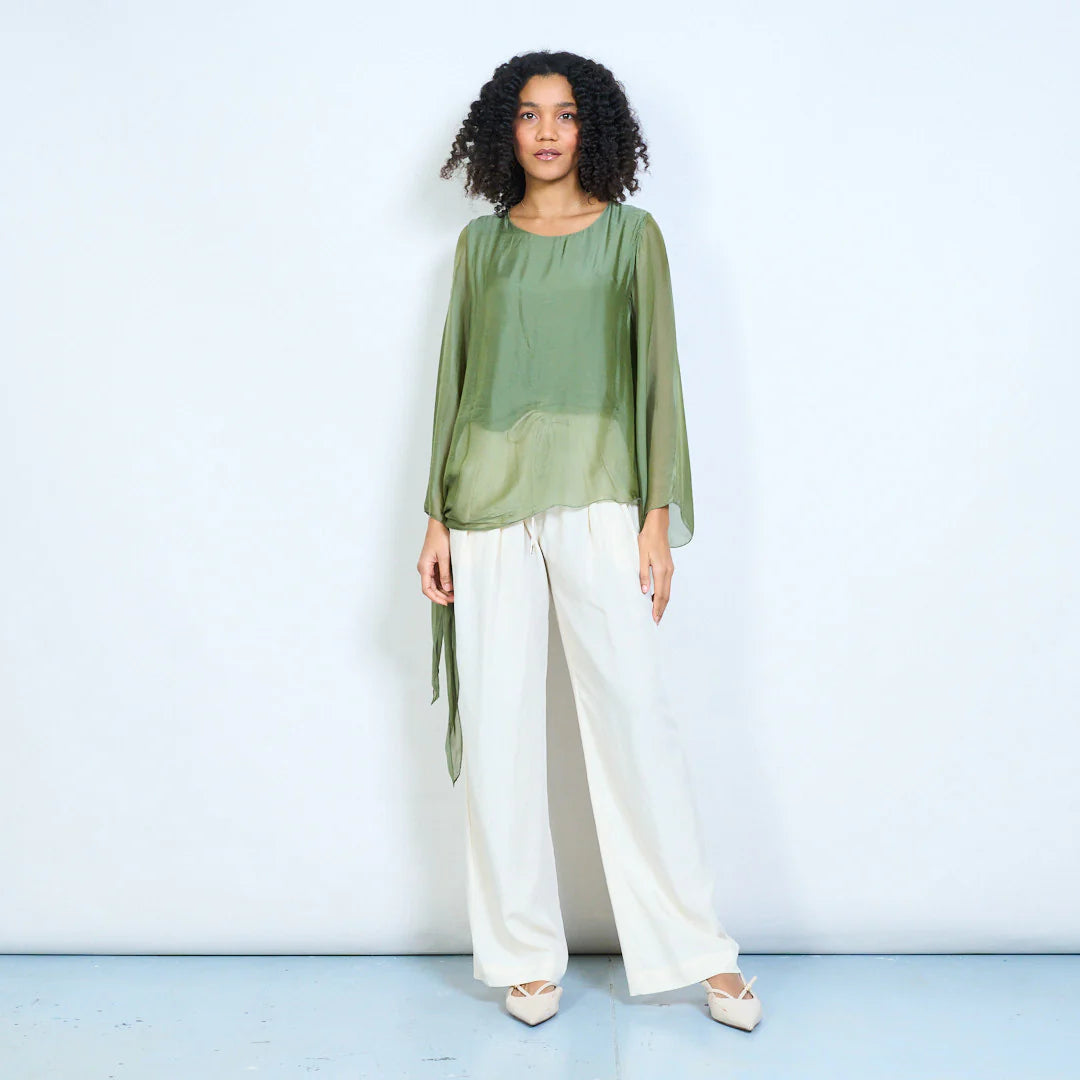 BZNA Seidenbluse Tunika Seidentunika Seidenchiffonbluselangen Ärmeln und Bindesaum oneSize - B Z N A