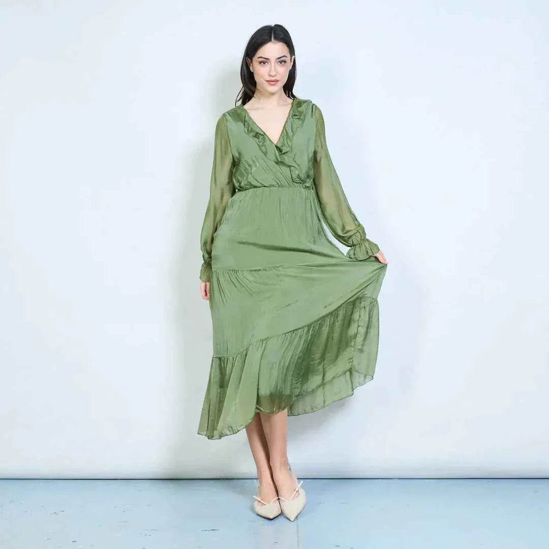 BZNA Kleid Elegantes gestuftes Maxikleid mit Rüschen und Wickelausschnitt Seidenchiffon Seidenkleid oneSize