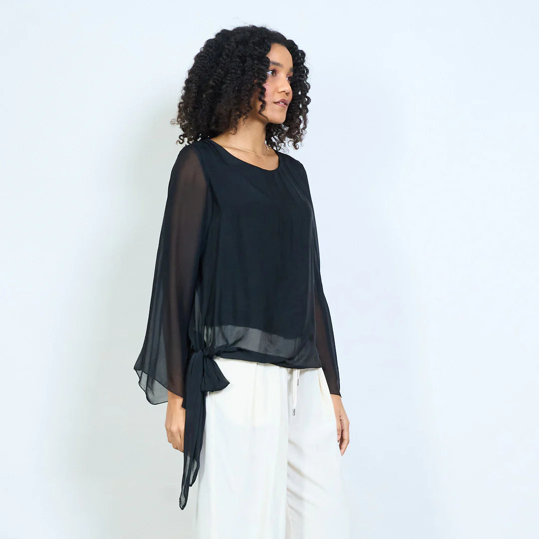 BZNA Seidenbluse Tunika Seidentunika Seidenchiffonbluselangen Ärmeln und Bindesaum oneSize - B Z N A