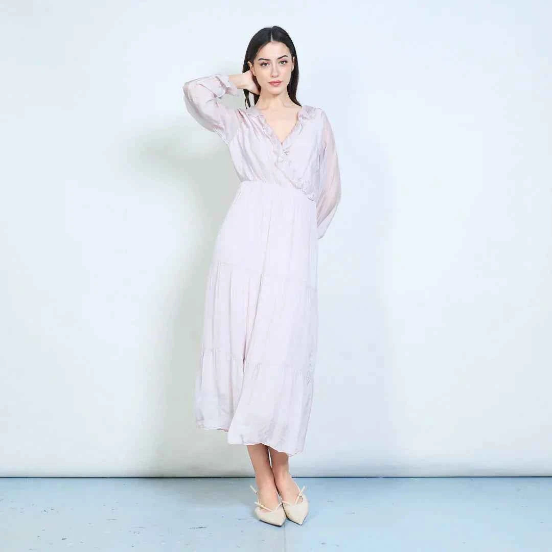 BZNA Kleid Elegantes gestuftes Maxikleid mit Rüschen und Wickelausschnitt Seidenchiffon Seidenkleid oneSize