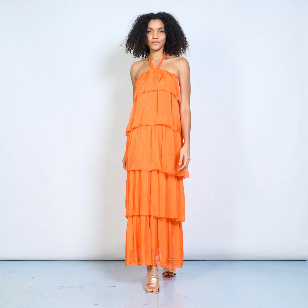 BZNA Sommer Neckholder Stufen Maxikleid Stufen Seidenkleid Chiffonkleid oneSize - B Z N A