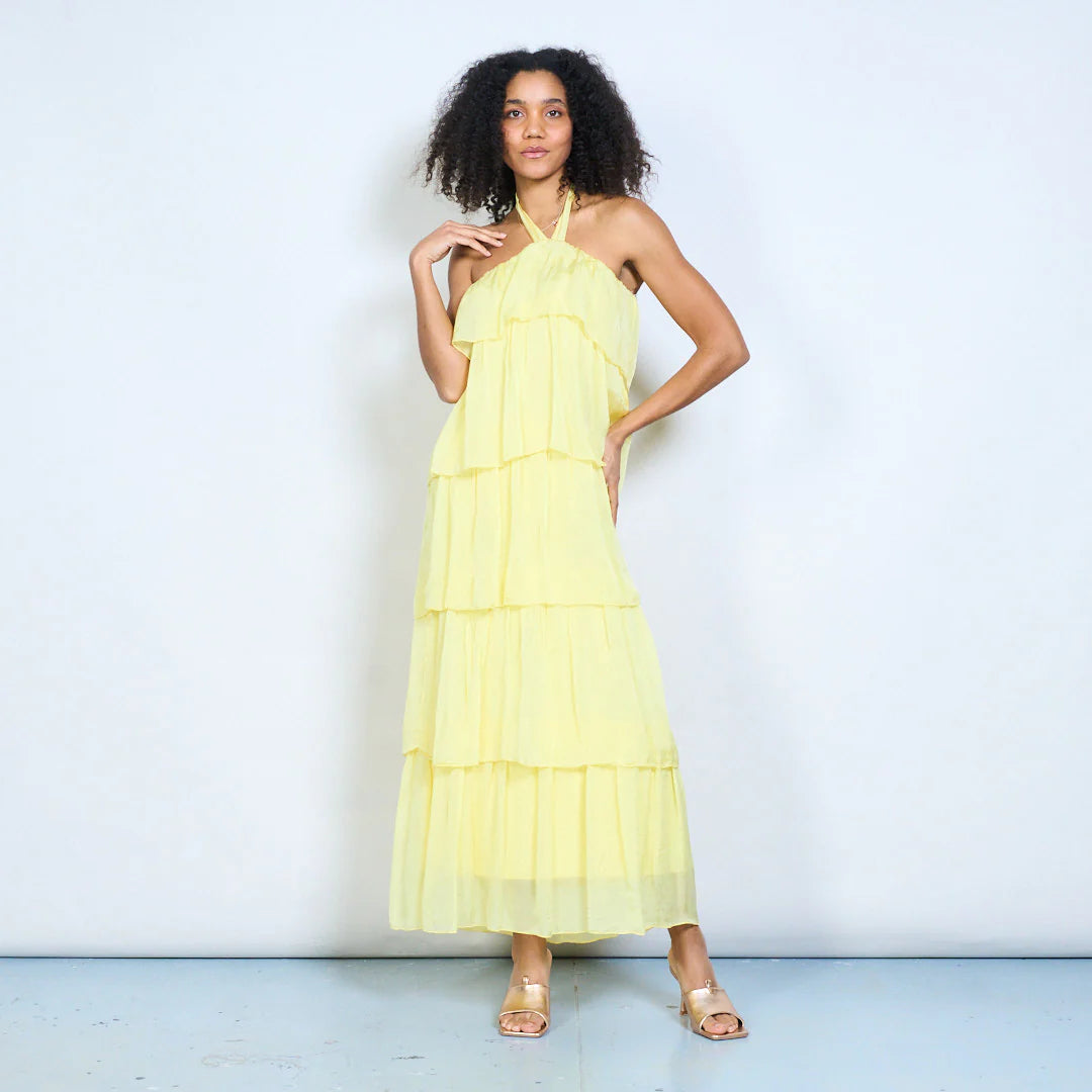 BZNA Sommer Neckholder Stufen Maxikleid Stufen Seidenkleid Chiffonkleid oneSize - B Z N A