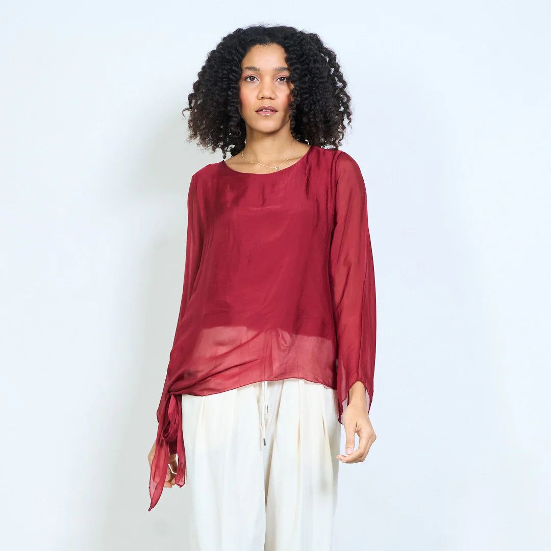 BZNA Seidenbluse Tunika Seidentunika Seidenchiffonbluselangen Ärmeln und Bindesaum oneSize - B Z N A