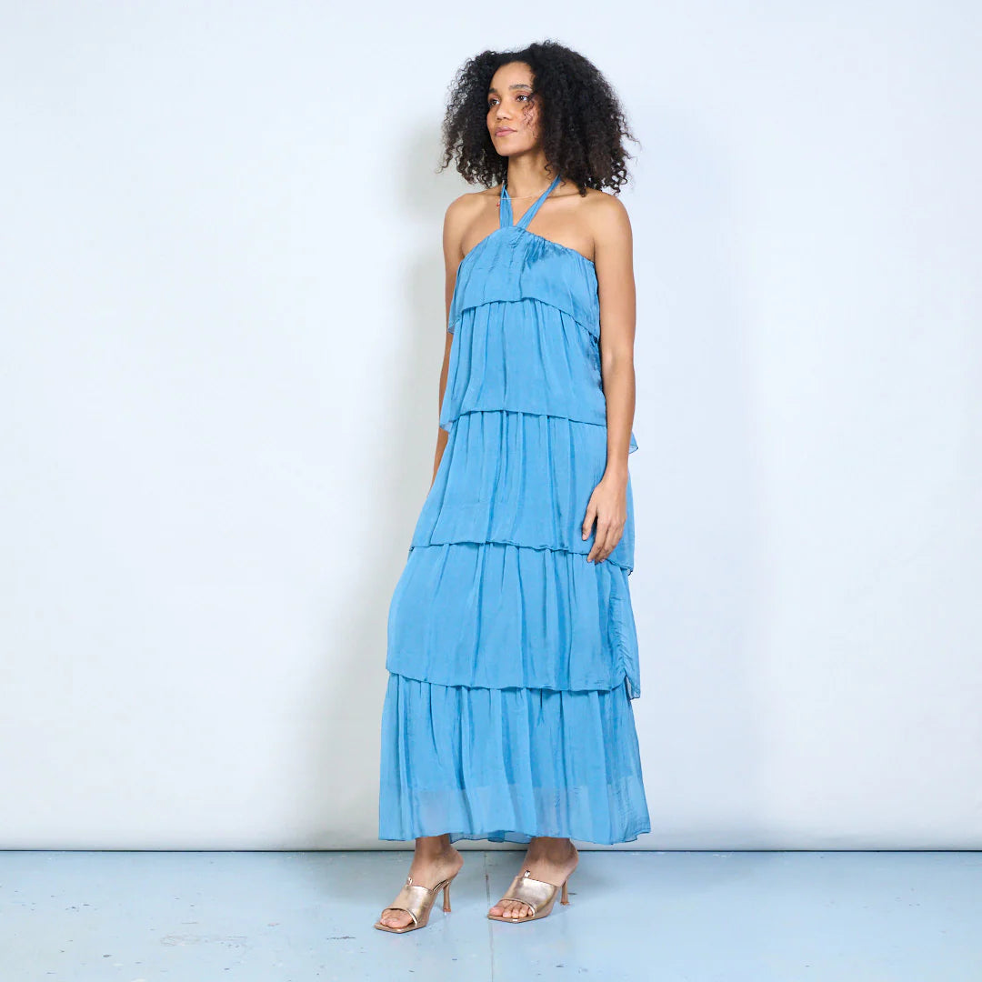 BZNA Sommer Neckholder Stufen Maxikleid Stufen Seidenkleid Chiffonkleid oneSize - B Z N A