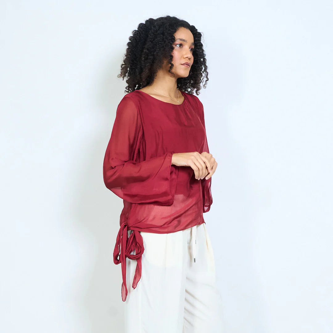 BZNA Seidenbluse Tunika Seidentunika Seidenchiffonbluselangen Ärmeln und Bindesaum oneSize - B Z N A