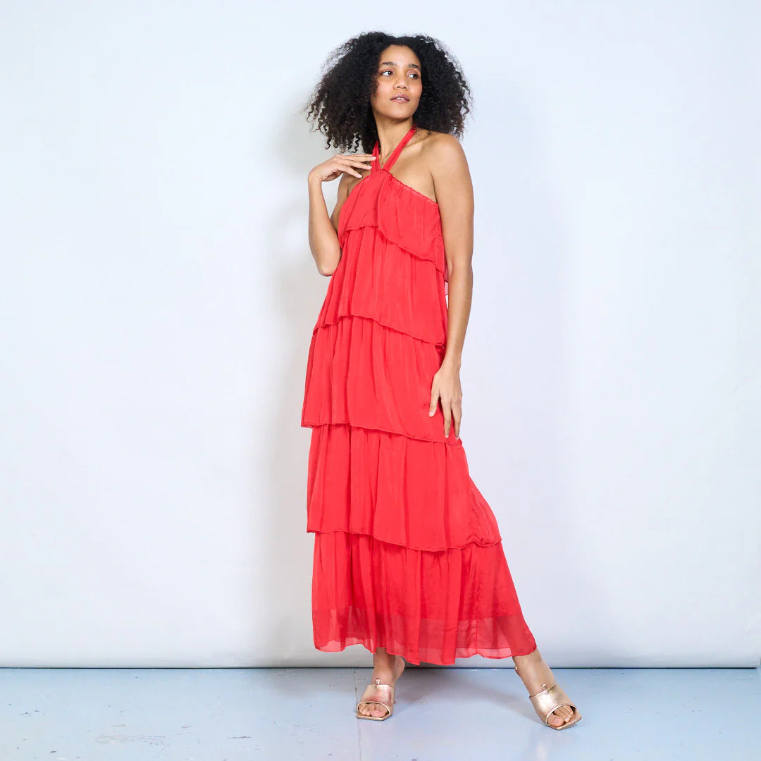 BZNA Sommer Neckholder Stufen Maxikleid Stufen Seidenkleid Chiffonkleid oneSize - B Z N A