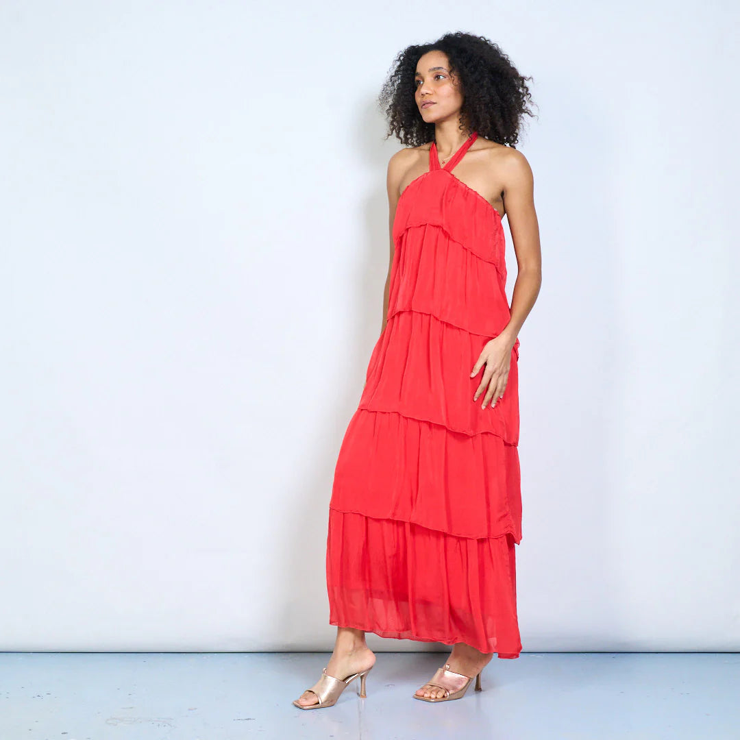 BZNA Sommer Neckholder Stufen Maxikleid Stufen Seidenkleid Chiffonkleid oneSize - B Z N A