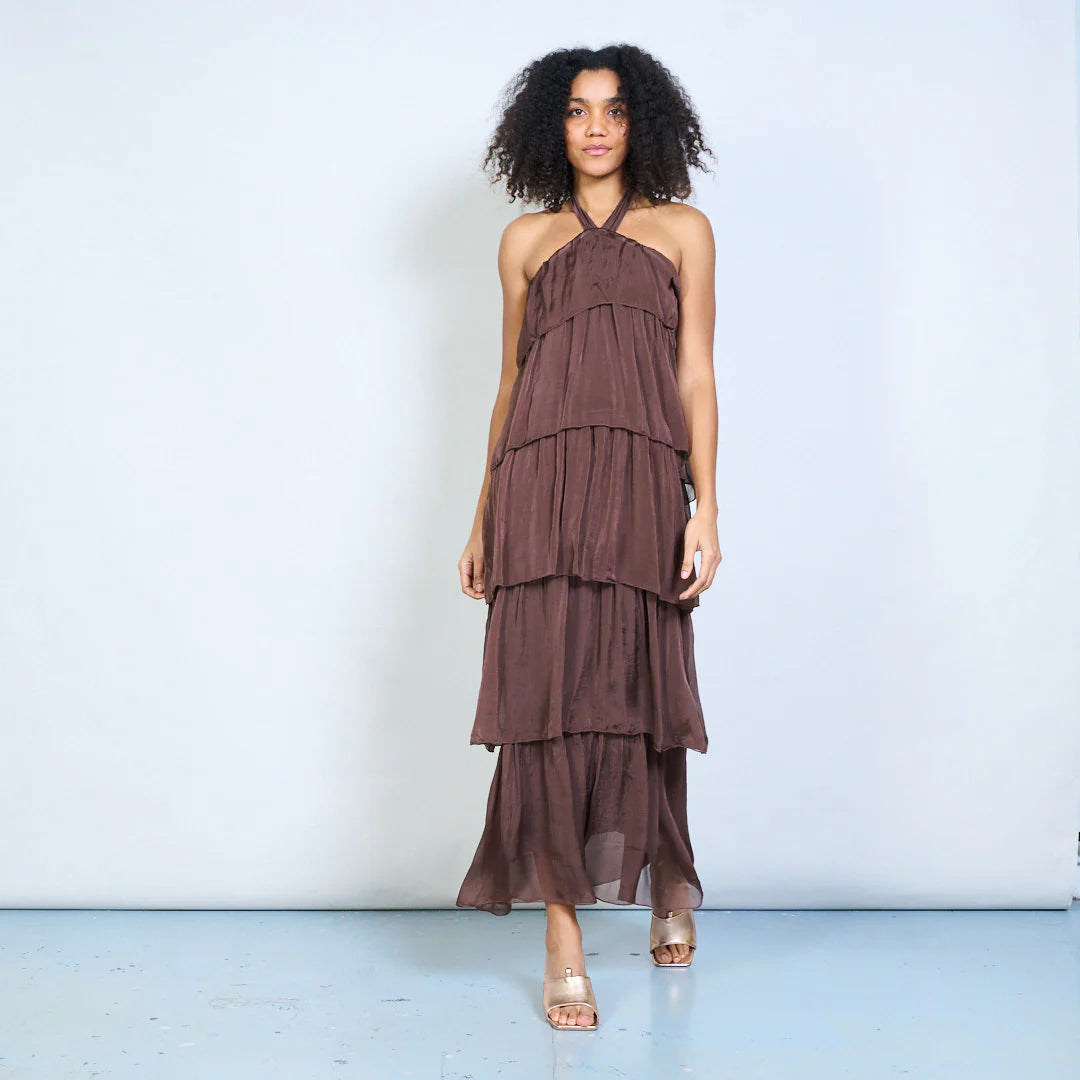 BZNA Sommer Neckholder Stufen Maxikleid Stufen Seidenkleid Chiffonkleid oneSize - B Z N A