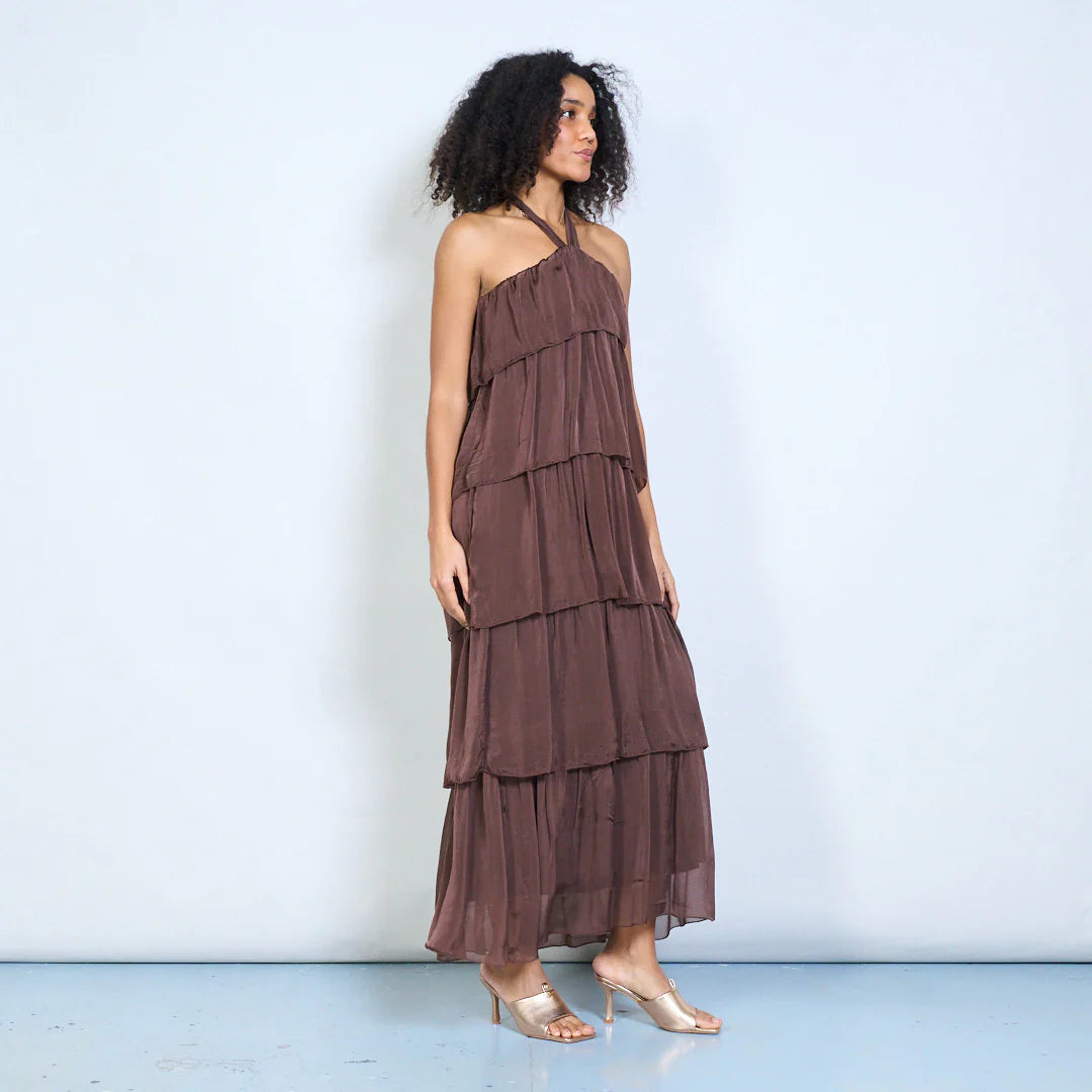 BZNA Sommer Neckholder Stufen Maxikleid Stufen Seidenkleid Chiffonkleid oneSize - B Z N A