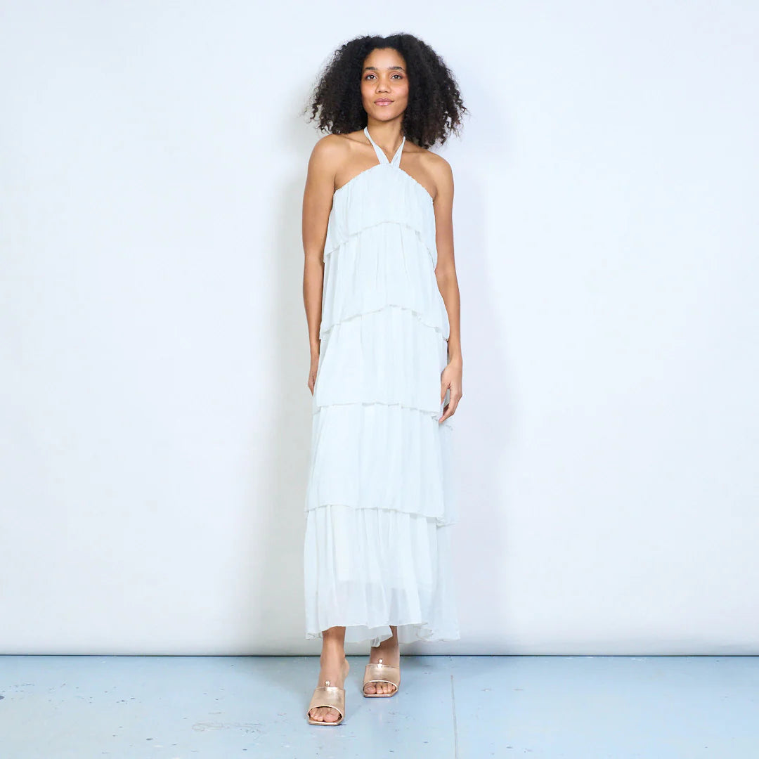 BZNA Sommer Neckholder Stufen Maxikleid Stufen Seidenkleid Chiffonkleid oneSize - B Z N A