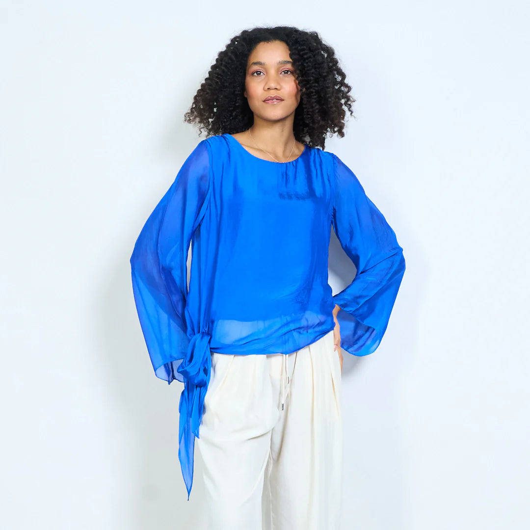 BZNA Seidenbluse Tunika Seidentunika Seidenchiffonbluselangen Ärmeln und Bindesaum oneSize - B Z N A