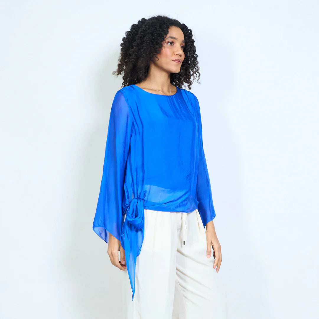 BZNA Seidenbluse Tunika Seidentunika Seidenchiffonbluselangen Ärmeln und Bindesaum oneSize - B Z N A