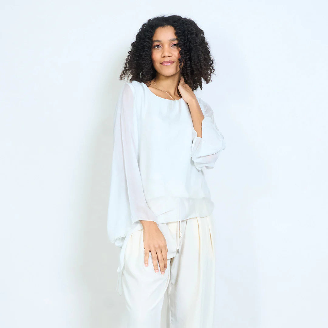 BZNA Seidenbluse Tunika Seidentunika Seidenchiffonbluselangen Ärmeln und Bindesaum oneSize - B Z N A