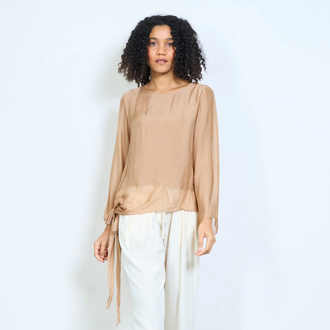 BZNA Seidenbluse Tunika Seidentunika Seidenchiffonbluselangen Ärmeln und Bindesaum oneSize - B Z N A