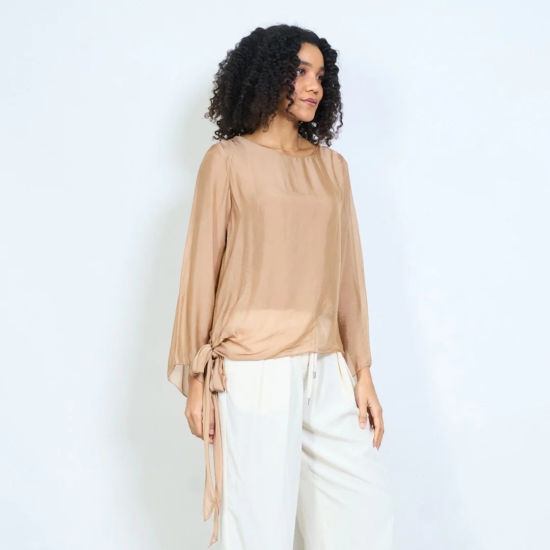 BZNA Seidenbluse Tunika Seidentunika Seidenchiffonbluselangen Ärmeln und Bindesaum oneSize - B Z N A