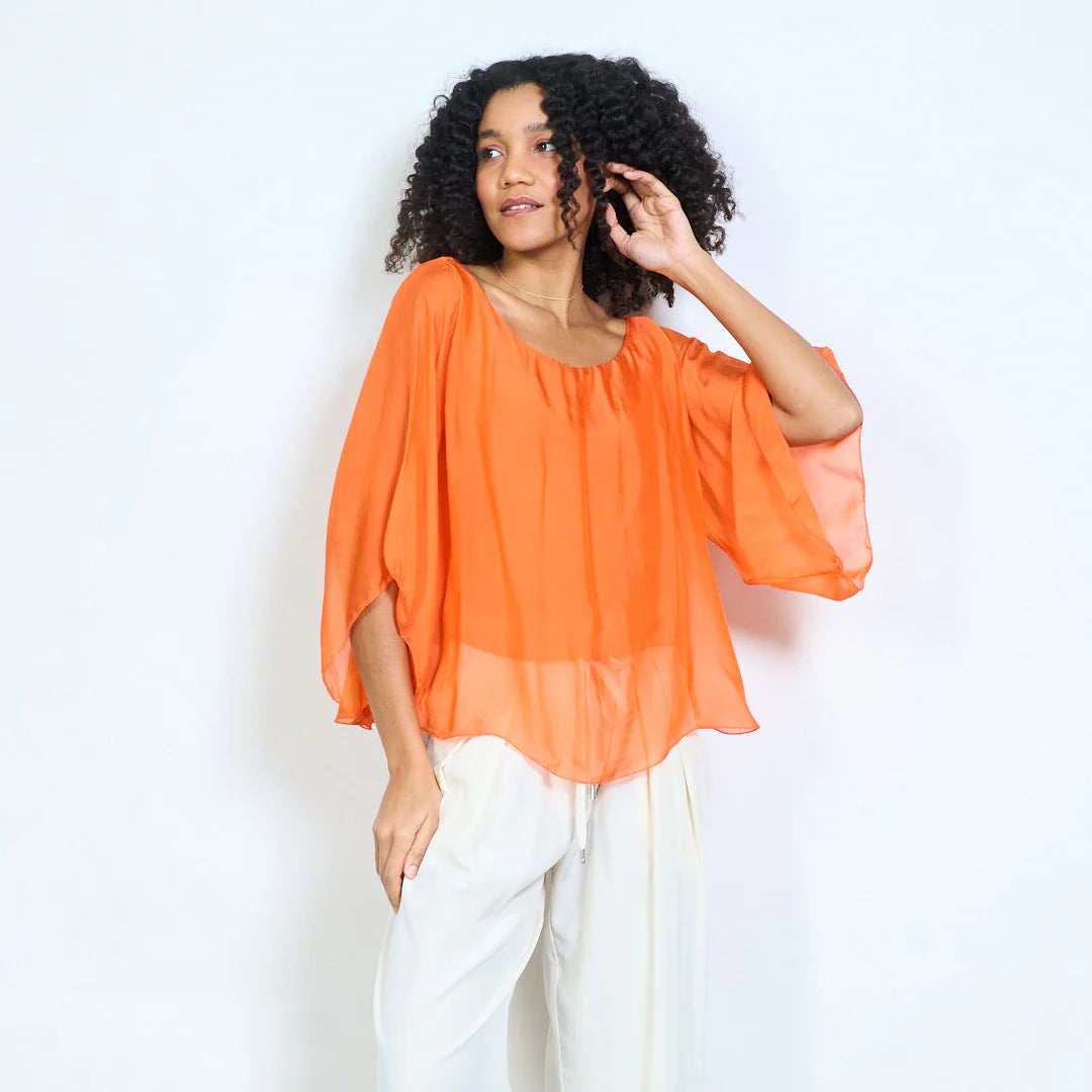 BZNA Seidenbluse Seidentunika Seidenchiffonbluse Fledermaus Ärmel oneSize - B Z N A