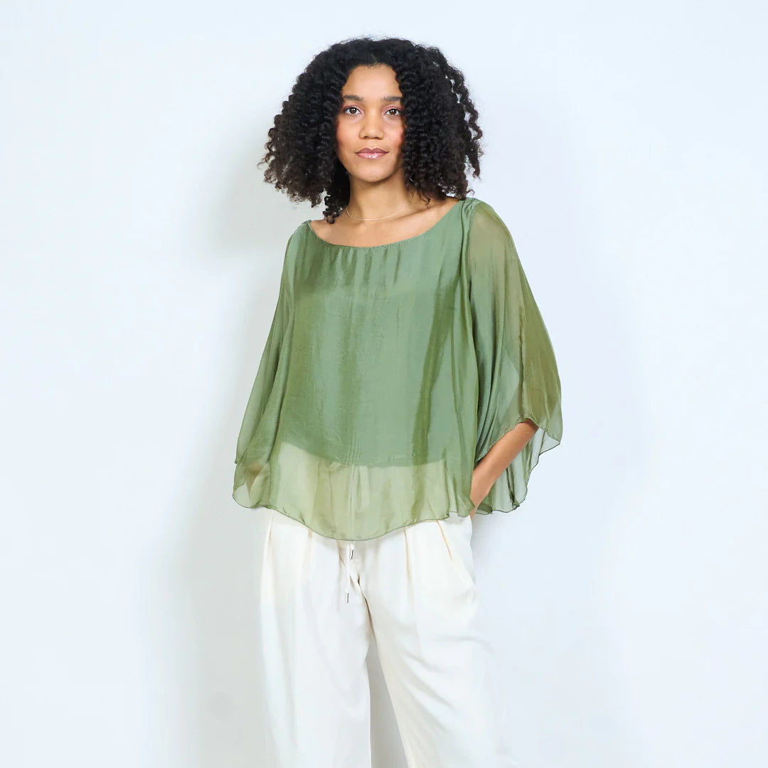 BZNA Seidenbluse Seidentunika Seidenchiffonbluse Fledermaus Ärmel oneSize - B Z N A