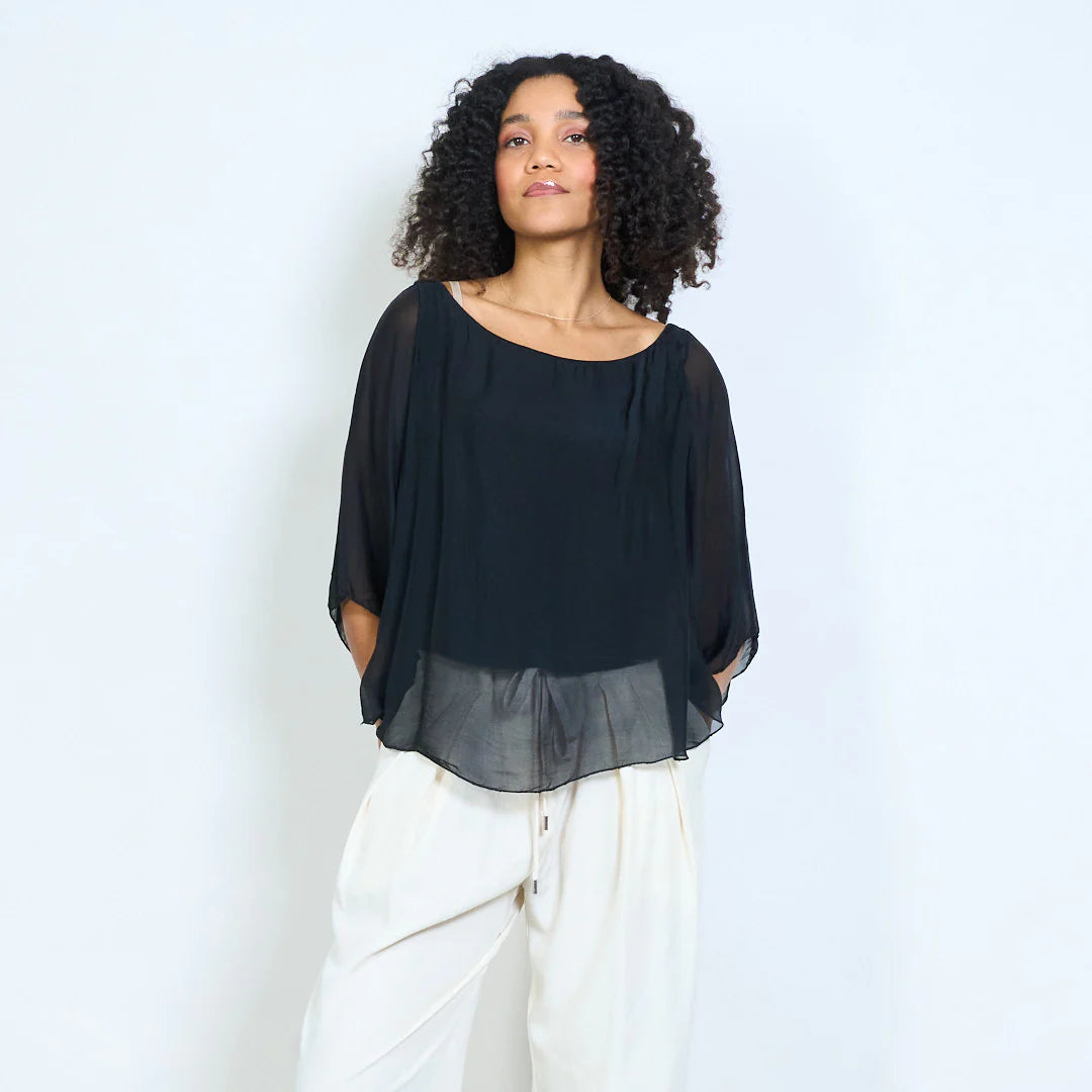 BZNA Seidenbluse Seidentunika Seidenchiffonbluse Fledermaus Ärmel oneSize - B Z N A