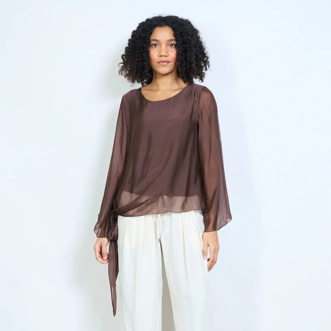 BZNA Seidenbluse Tunika Seidentunika Seidenchiffonbluselangen Ärmeln und Bindesaum oneSize - B Z N A