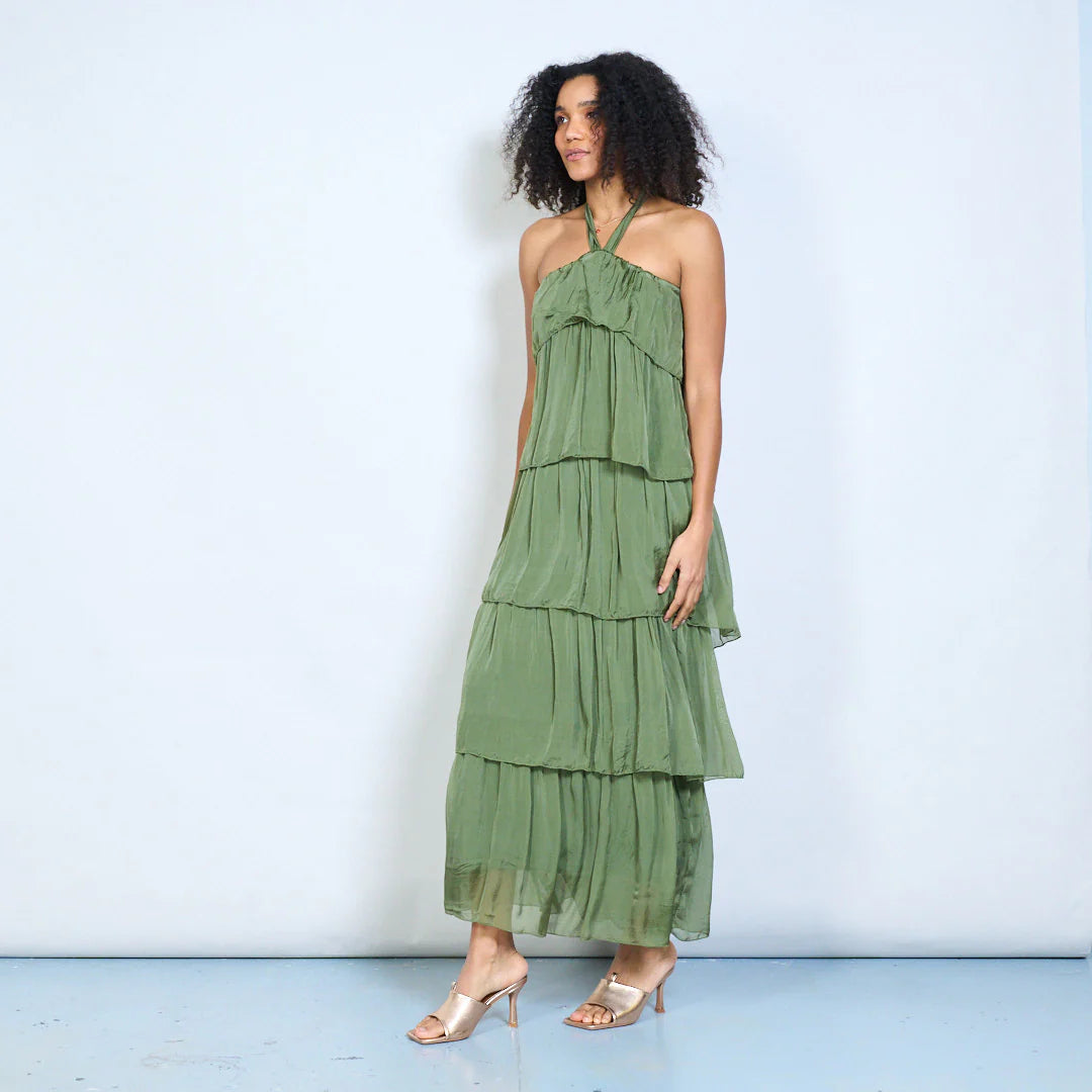 BZNA Sommer Neckholder Stufen Maxikleid Stufen Seidenkleid Chiffonkleid oneSize - B Z N A