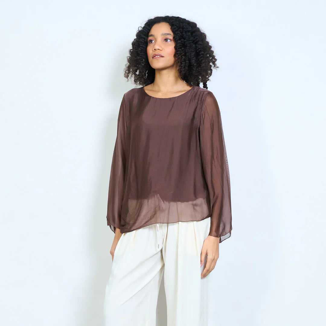 BZNA Seidenbluse Tunika Seidentunika Seidenchiffonbluselangen Ärmeln und Bindesaum oneSize - B Z N A