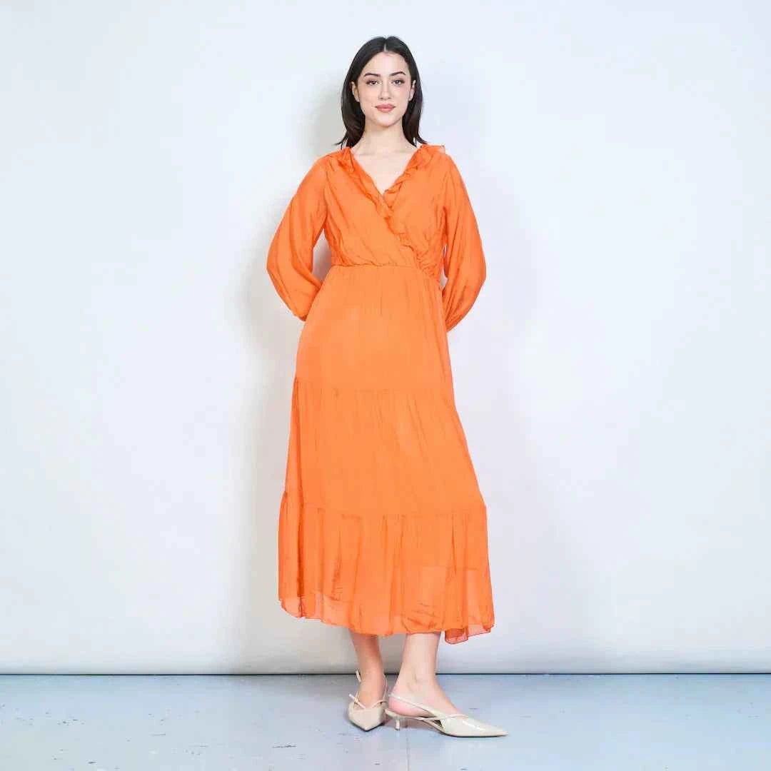 BZNA Kleid Elegantes gestuftes Maxikleid mit Rüschen und Wickelausschnitt Seidenchiffon Seidenkleid oneSize