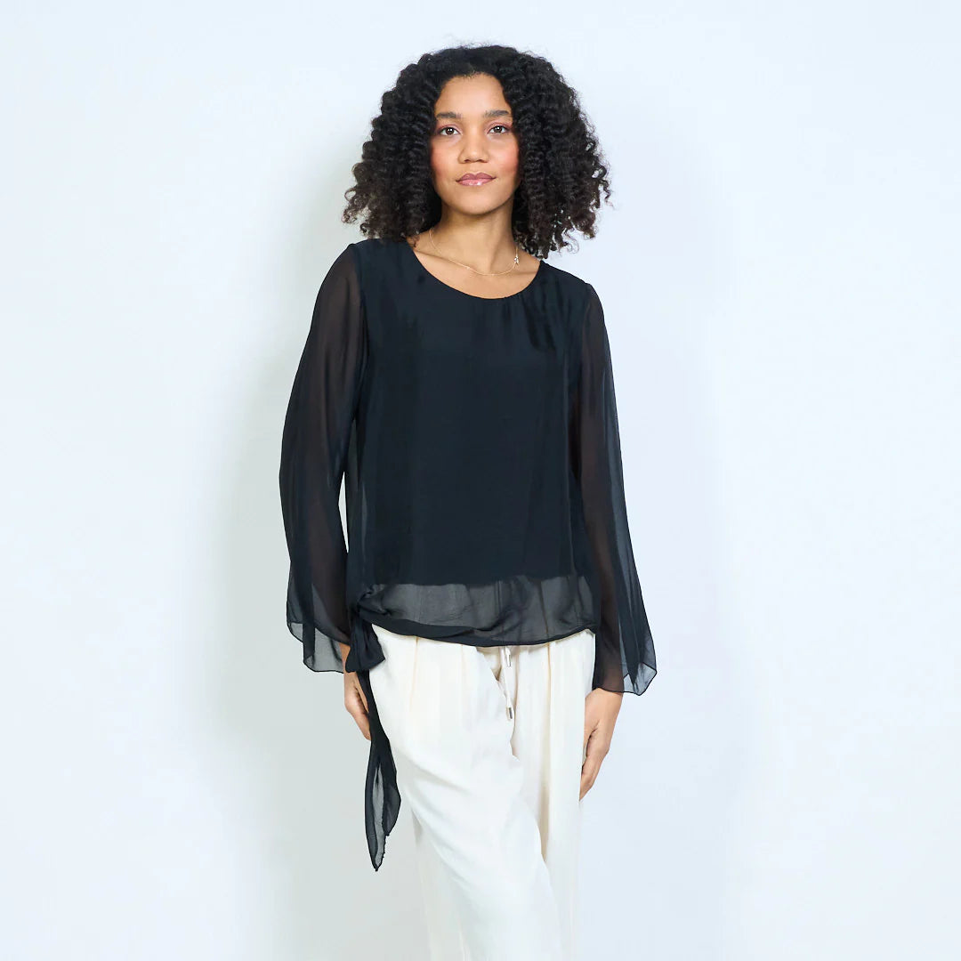 BZNA Seidenbluse Tunika Seidentunika Seidenchiffonbluselangen Ärmeln und Bindesaum oneSize - B Z N A