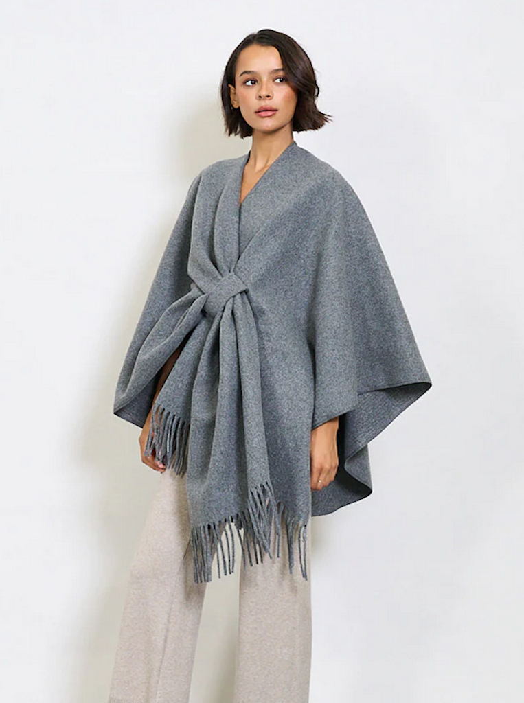 BZNA Strickponcho in Grau - Wolltuch mit Fransen - Poncho MADE IN ITALY