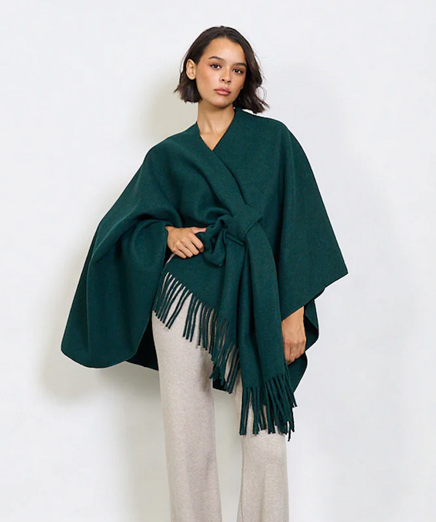 BZNA Strickponcho in Dunkelgrün - Wolltuch mit Fransen - Poncho MADE IN ITALY