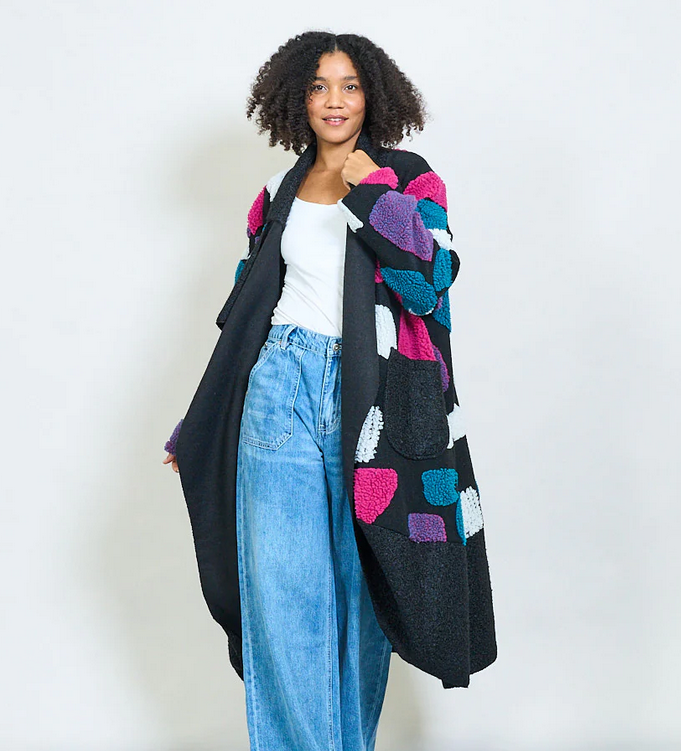 BZNA Oversize Open Front Strickmantel Wollmantel  Farbe Fuxia -circle pattern -  MADE IN ITALY