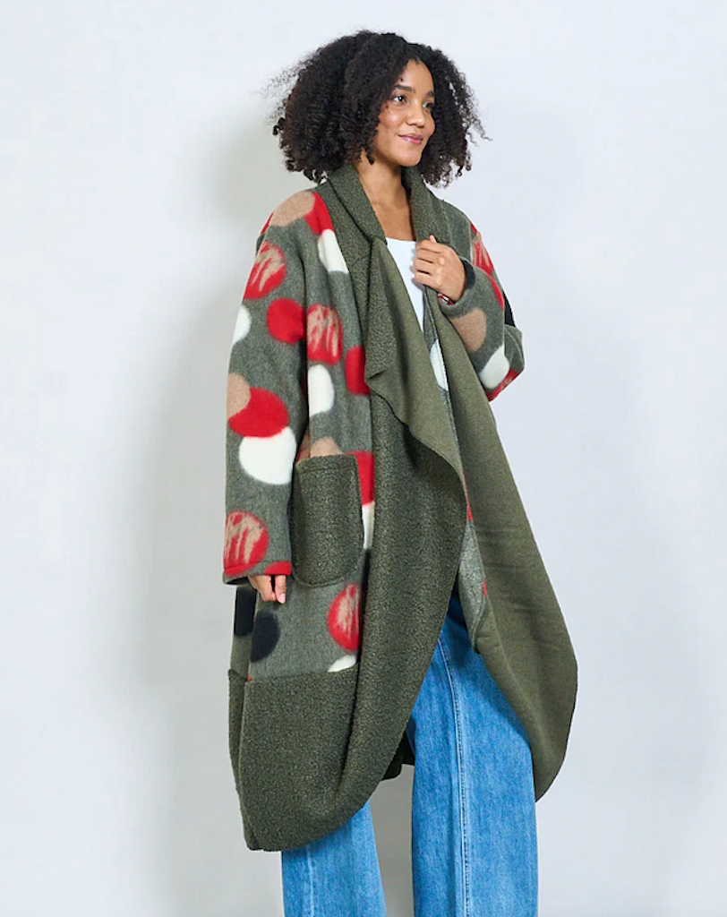 BZNA Oversize Open Front Strickmantel Wollmantel polka dot Grün mehrfarbig  -  MADE IN ITALY