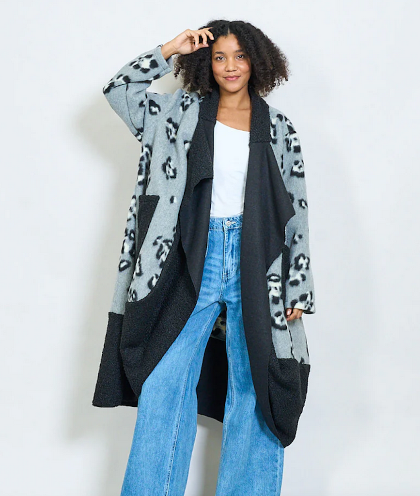 BZNA Oversize Open Front Strickmantel Wollmantel Grau Leo mehrfarbig  -  MADE IN ITALY