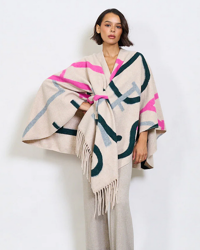 BZNA Strickponcho in Beige Mix - Wolltuch mit Fransen - Poncho MADE IN ITALY
