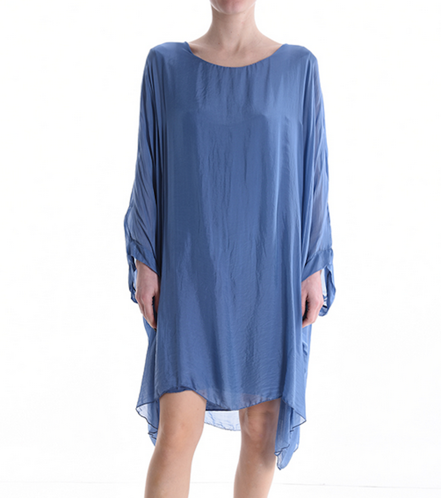 BZNA Seidenbluse lang Mittelblau Tunika Seidentunika Seidenchiffonbluse Fledermaus Ärmel oneSize