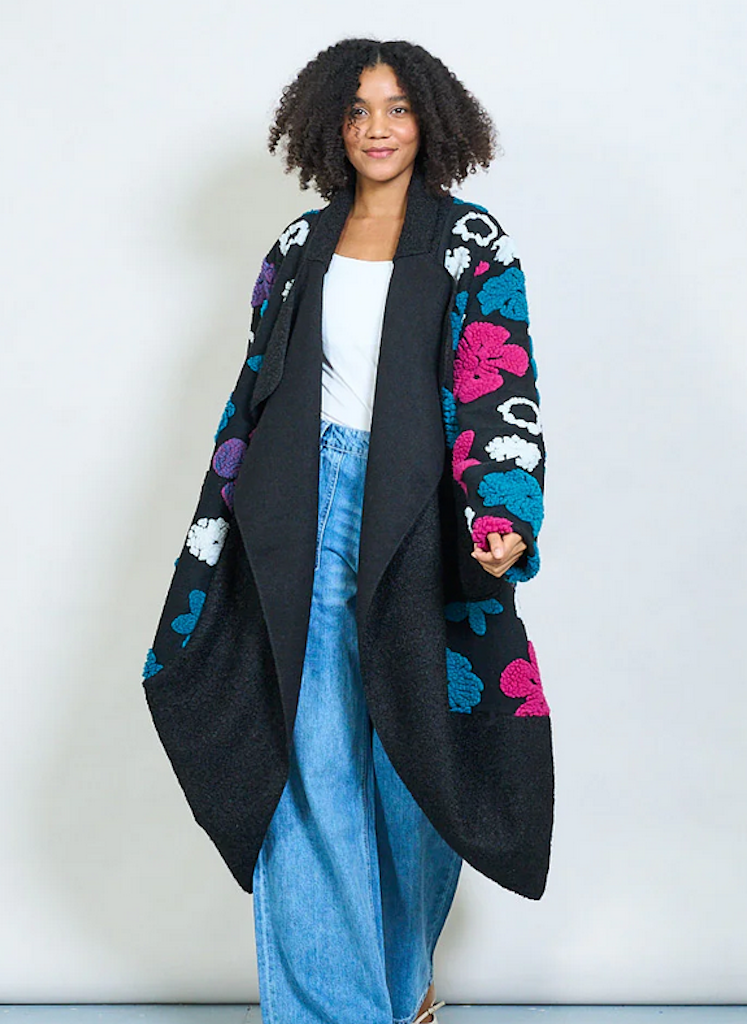 BZNA Oversize Open Front Blue Strickmantel Wollmantel  bold floral   MADE IN ITALY