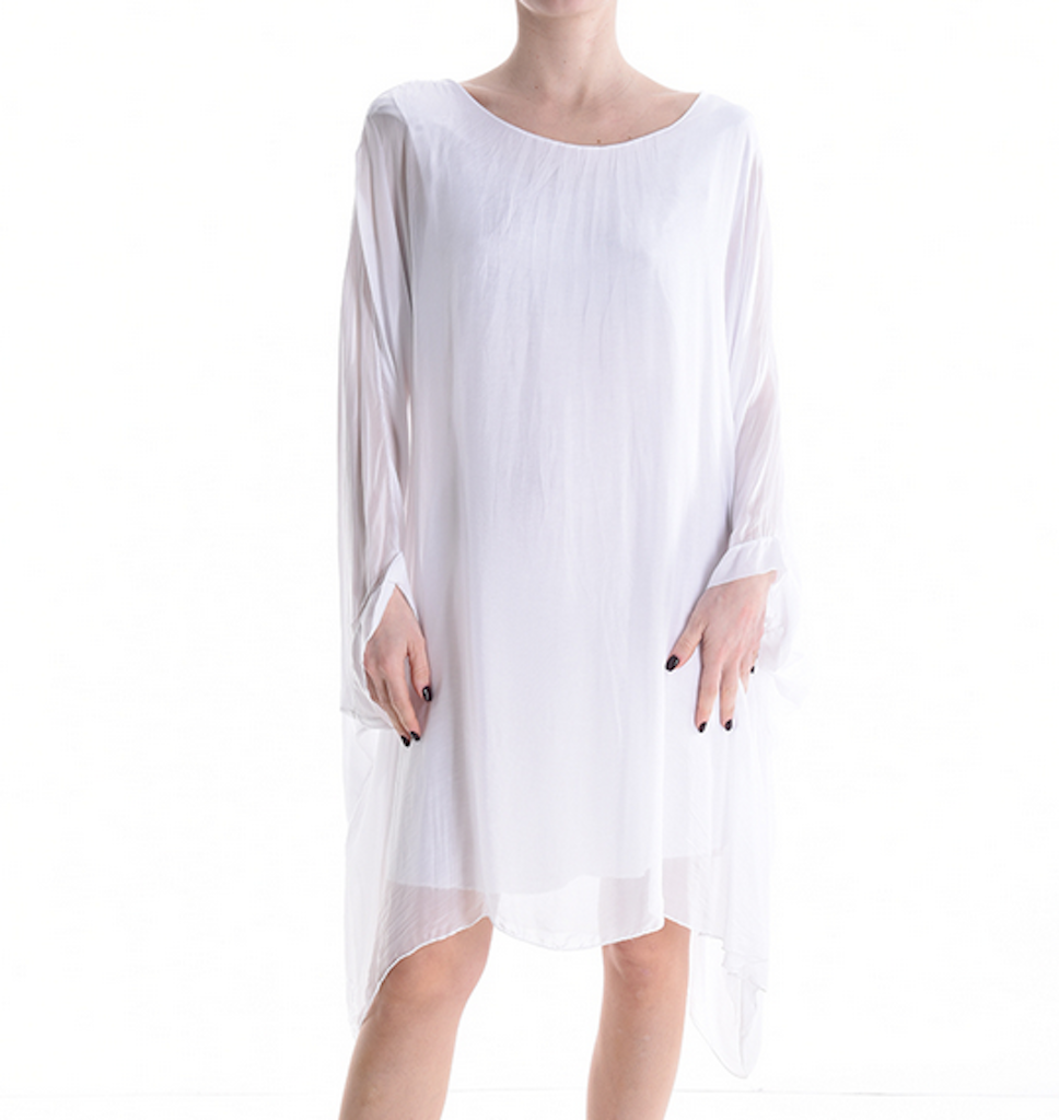 BZNA Seidenbluse lang Weiß White Tunika Seidentunika Seidenchiffonbluse Fledermaus Ärmel oneSize