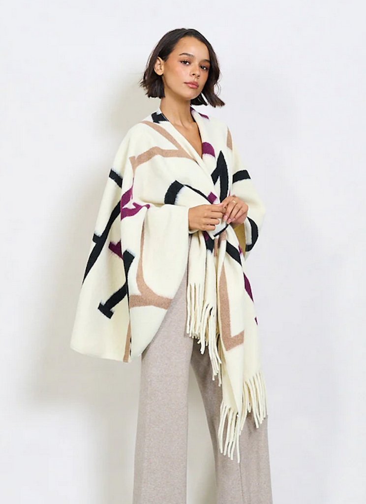 BZNA Strickponcho in Creme Mix - Wolltuch mit Fransen - Poncho MADE IN ITALY