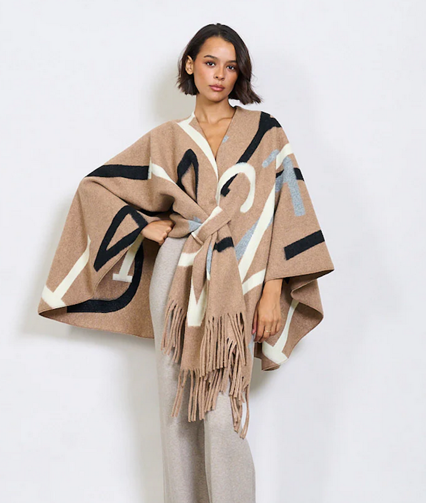 BZNA Strickponcho in Camel Mix - Wolltuch mit Fransen - Poncho MADE IN ITALY