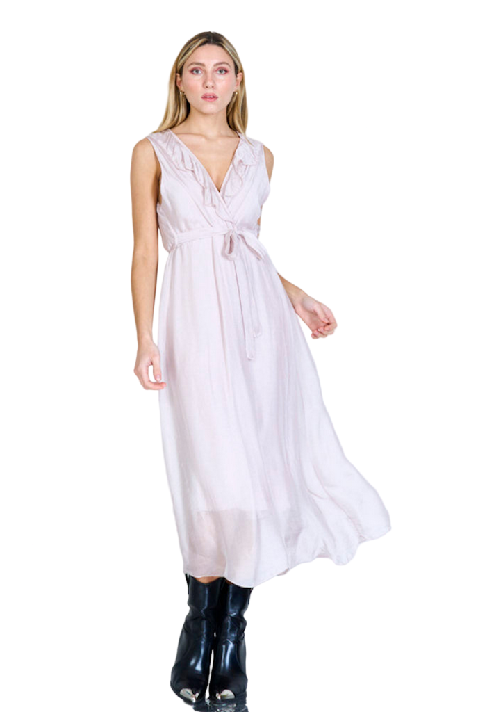 BZNA Ibiza Kleid Rose Seidenchiffon langes Kleid mit Rüschen Seidenkleid oneSize