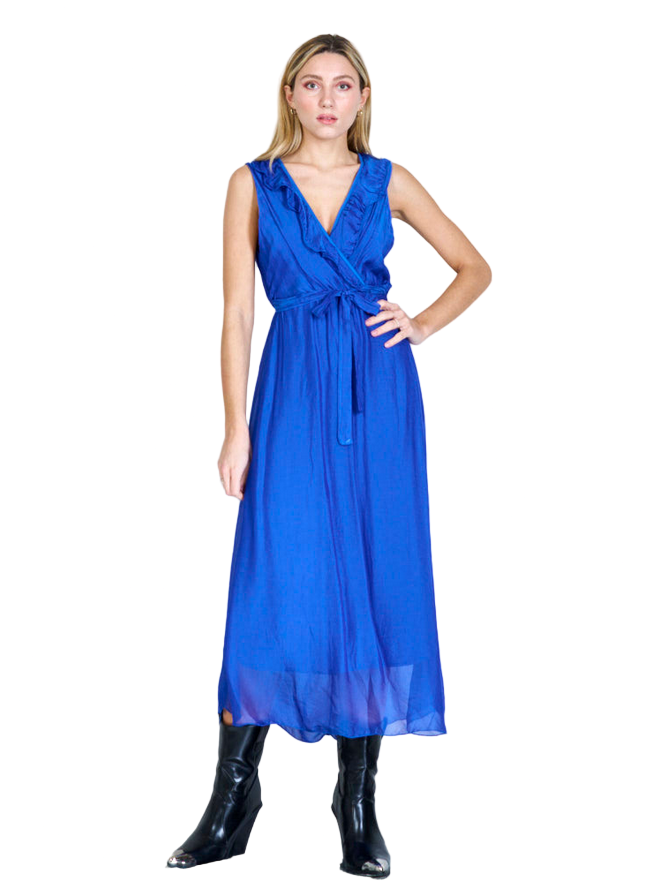 BZNA Ibiza Kleid Royalblau Seidenchiffon langes Kleid mit Rüschen Seidenkleid oneSize